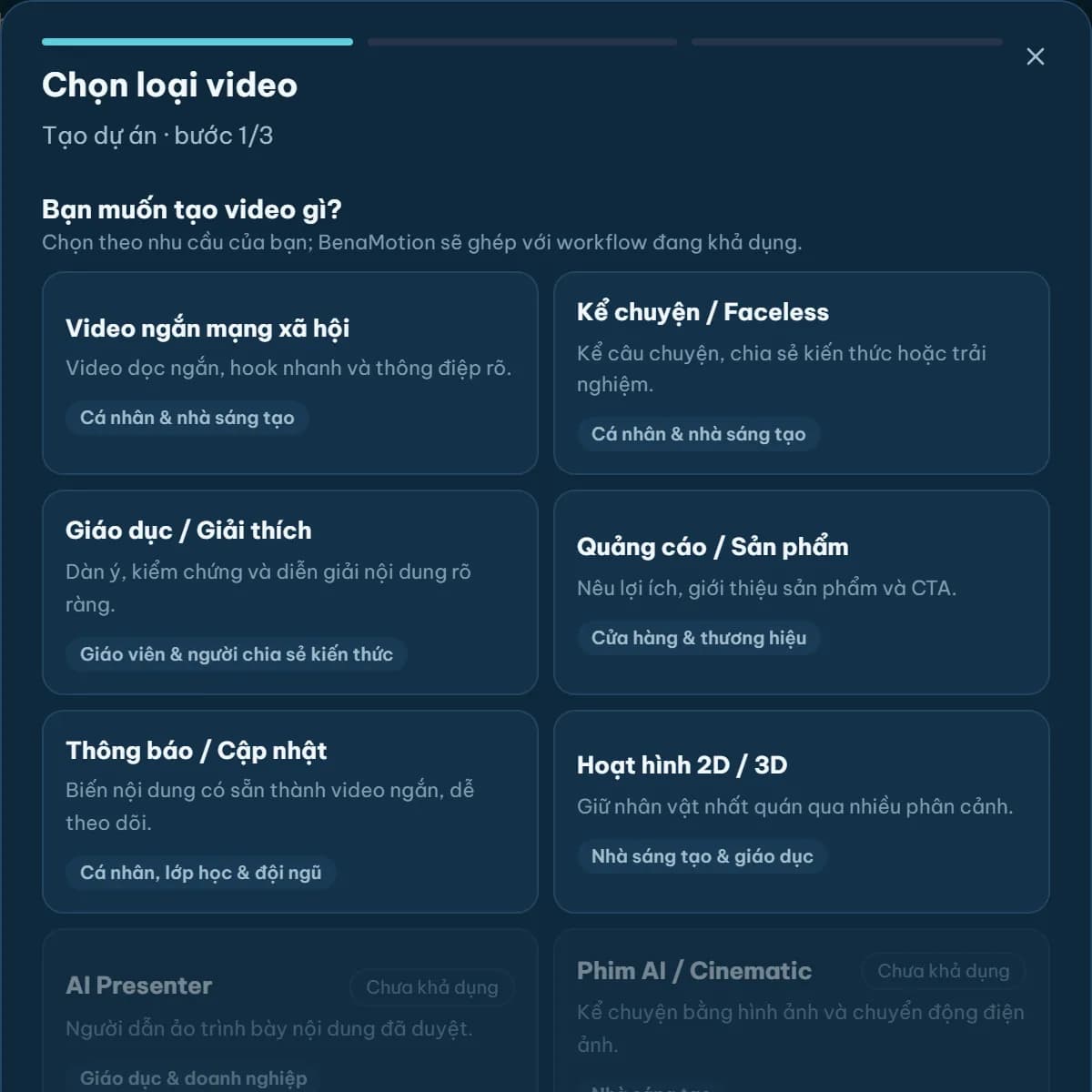 Hộp thoại tạo dự án: chọn loại video theo nhu cầu